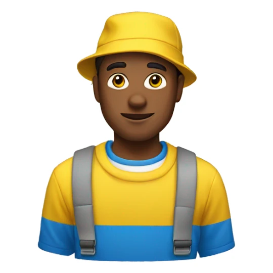 Man with yellow hat and a blue sweater with a white T-shirt under it sticker