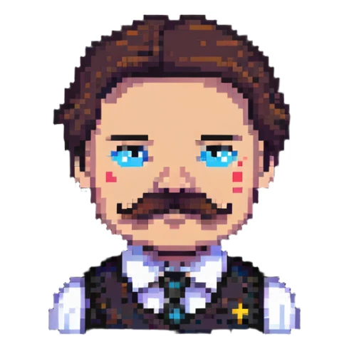 A pixelated angry office manager with a mustache and furrowed brows sticker