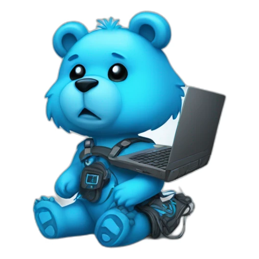 little blue neon punk bear with broken toy laptop sticker