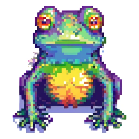 a sad frog in pixel art style, rainbow-colored skin, glitch effects sticker