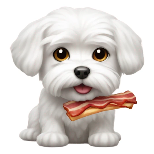 small white maltese holding a piece of bacon sticker