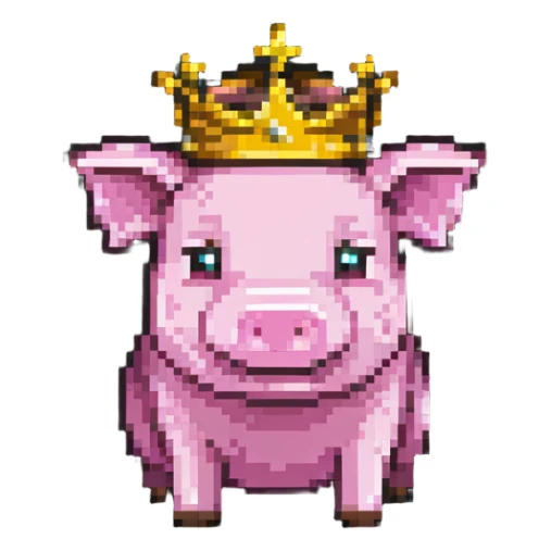Minecraft style pig with a golden crown, inspired by Technoblade, inside a Minecraft castle sticker