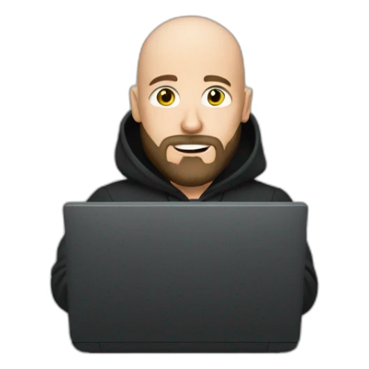 bald white man with a black beard typing on apple computer wearing a black hoodie sticker