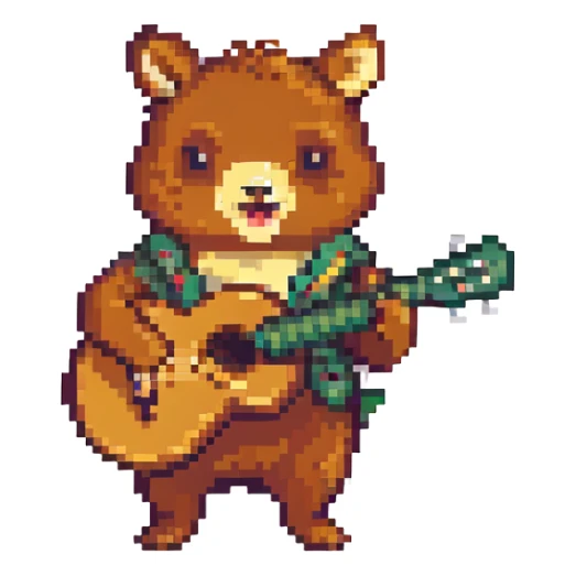 playful animal strumming a ukulele, pixel art style sticker