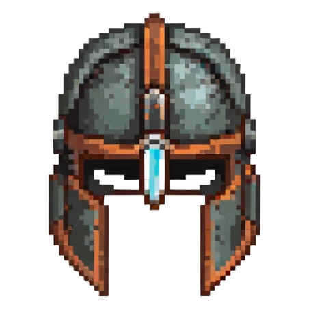 Ancient knight's helmet with light rust patina and worn appearance sticker