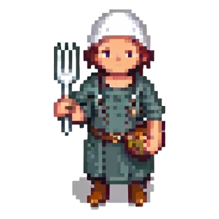 pixel art Twitch emoji of a simple and expressive peasant holding a fork sticker