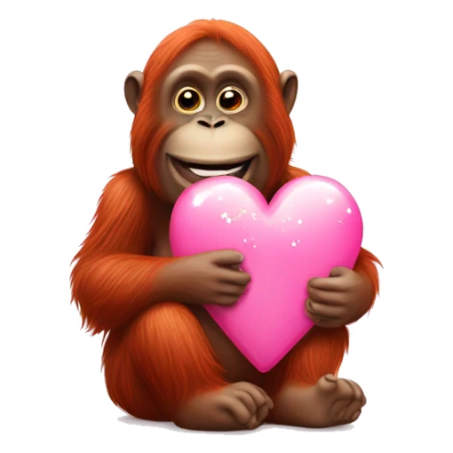Orangutan sitting down holding a pink sparkly heart while smiling￼ sticker