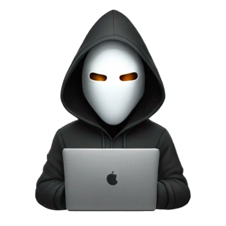 hooded man with a laptop wearing a mask with glowing white eyes sticker