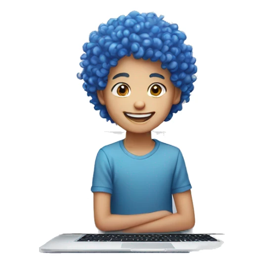 White smiling boy with blue and pink curly hair using a Macbook air sticker