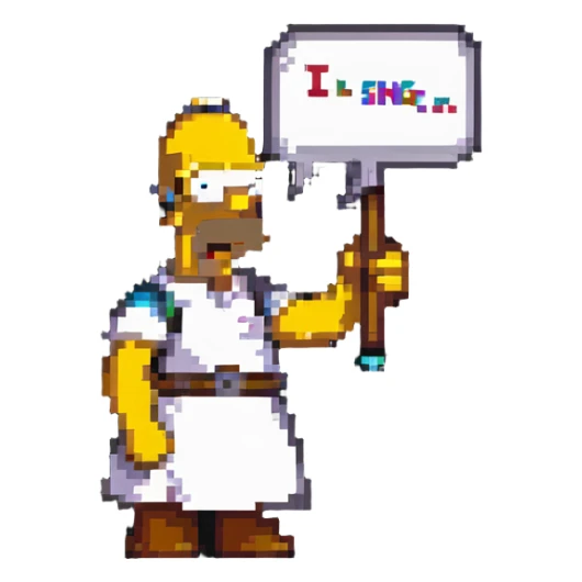 Homer, the ancient Greek poet, pixel art style, with a speech bubble that says 'I sing of heroes' sticker