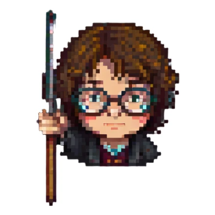 Harry Potter in pixel art style, with round glasses and a wand sticker