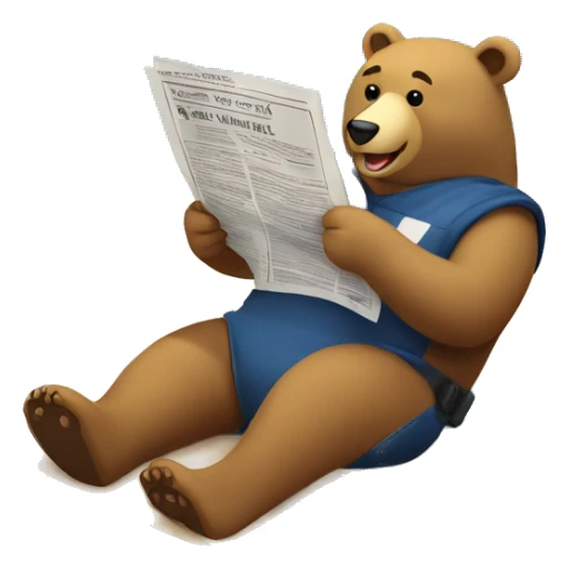 Bear lying on a beach, casually reading a newspaper, surrounded by sand and ocean, with a relaxed and cheerful vibe sticker