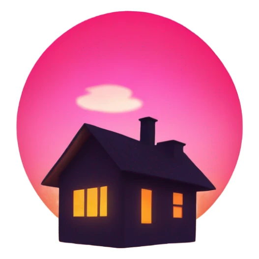 sun rising behind a house, with pink and orange sky sticker