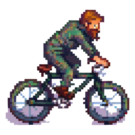 bearded man tumbling from a bicycle, pixel art style sticker