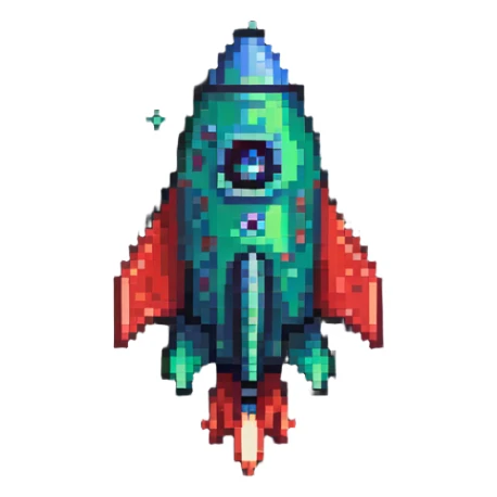 rocket ship with green to red gradient, pixel art style sticker