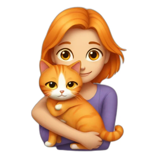 Girl with center parting hugs orange cat sticker