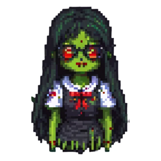 zombie girl with long black hair, bangs, and glasses, pixel art style sticker