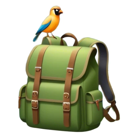 Icon for Ecotourism: lightweight hiking backpack and a scenic landscape with lush green forests, a waterfall, and wildlife, such as birds or animals in background. Transparent background. sticker