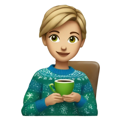 Light brown short haired girl with green eyes drinking coffee wearing blue Christmas sweater sticker