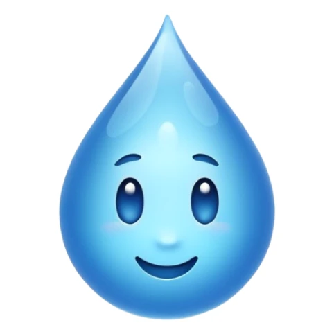 showing small blue water droplets floating gently in the air above a shiny surface, creating a fresh and slightly wet appearance — the surface has a soft reflective glow, representing humidity or moisture — clean, soft lighting and smooth rounded emoji design sticker