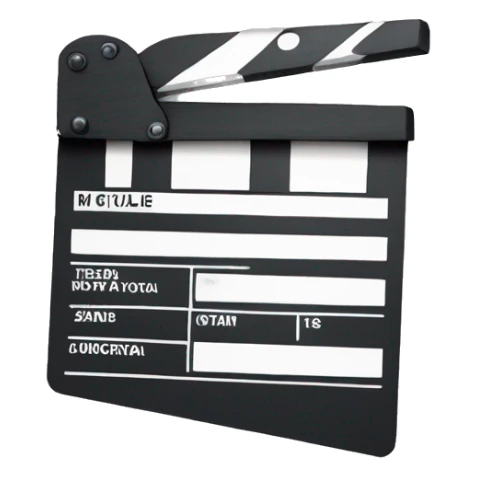 An emoji of a film clapperboard, featuring a rectangular shape with a hinged top that is marked with black and white stripes, symbolizing movie production and cinema sticker