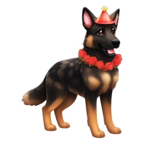 Bokeh Midnight constellation night stars Brindled striped brindle black German shepherd fox carrying glowing red lantern, fairy lights, rose flower crown, bokeh lights, out of focus blur sticker