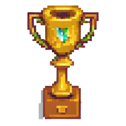 pixel art badge for winning first place with a gold trophy, pixelated style sticker