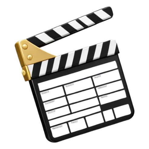 cartoon movie clapper, simple design with gold top part and white bottom part, black diagonal stripe sticker