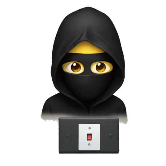 Person with a full black mask on there face holding light switch  sticker
