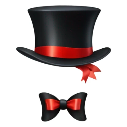 A black top hat displaying a red ribbon around the base. The ribbon forms a visible bow at the front, with the ends falling slightly over  sticker