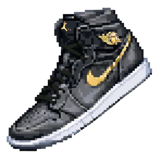 Jordan 1 sneaker, all black with a metallic gold swoosh sticker
