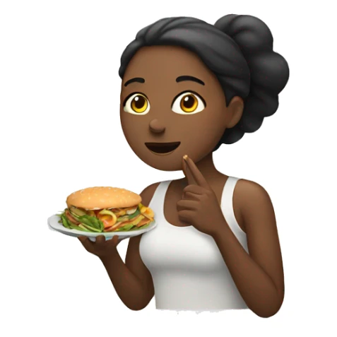 Woman eating food with a big back sticker