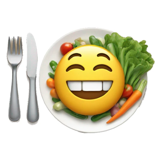 happy emoji eating a plate of food with vegetables sticker