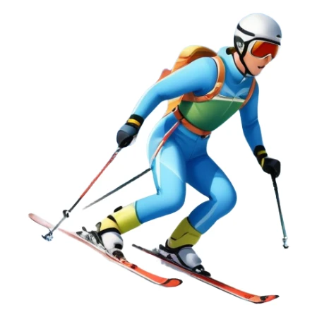 An icon featuring snowy peaks, pine trees, and a picturesque mountain landscape with a skier racing down a snow-covered slope, The sky is blue with soft clouds, capturing the thrill and beauty of alpine skiing. Transparent background highlights the excitement and serenity of winter sports. sticker