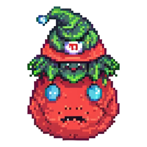 Add a red hat that says 'MAGA' in white letters to the slime monster, keep pixel art style, with no background. sticker