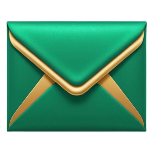 3D minimal envelope icon with subtle star or sparkle accent, matte finish, deep green (#0B3D2C), gold (#C9B037) sparkle, Apple style, sleek and premium, soft shadow, transparent background sticker