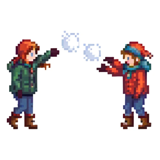 two children throwing snowballs at each other, snowy background sticker