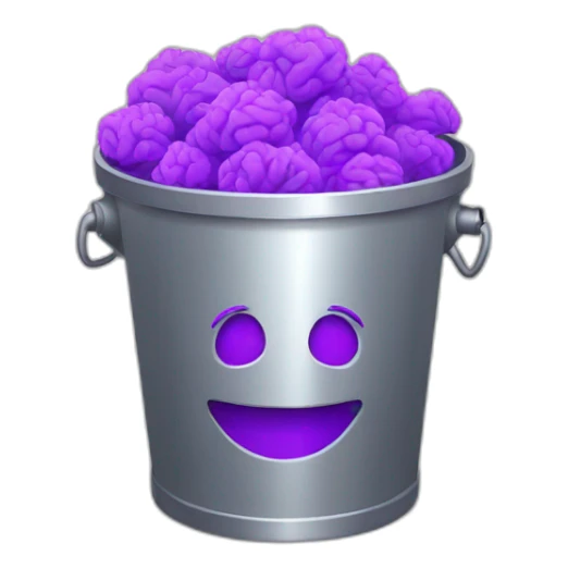 a silver trash bin with a smiley face full of purple brain sticker