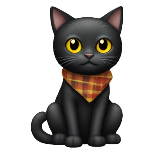 A black cat with yellow eyes is wrapped in a plaid sticker