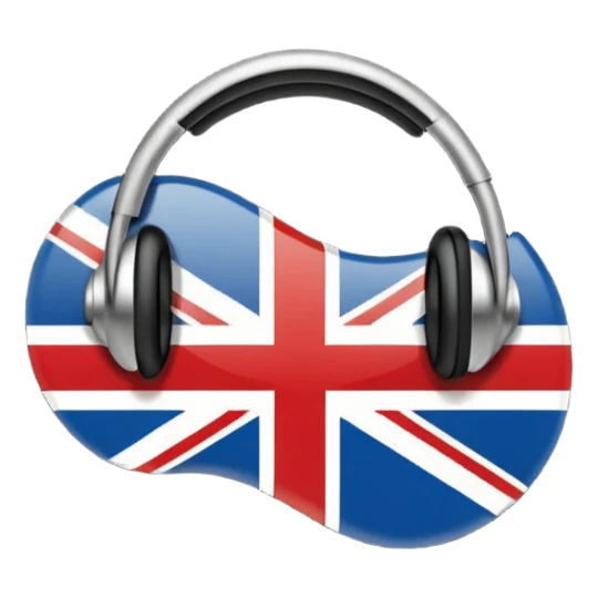 Minimalistic flat vector icon, iOS style, thin black contour on white background. Ear icon with sound waves and small UK/USA flag symbol. Clean, no text, no shadows sticker