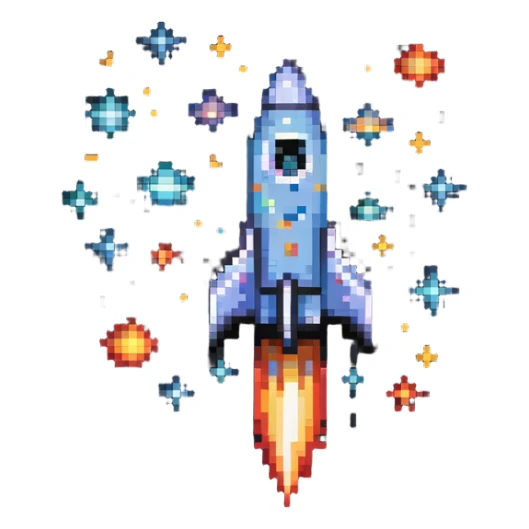 A retro pixel art style space rocket with bright colors and stars around it sticker