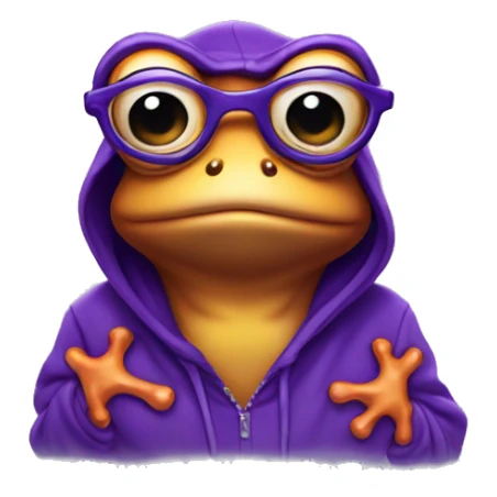 A purple frog wearing a hoodie and glasses sticker