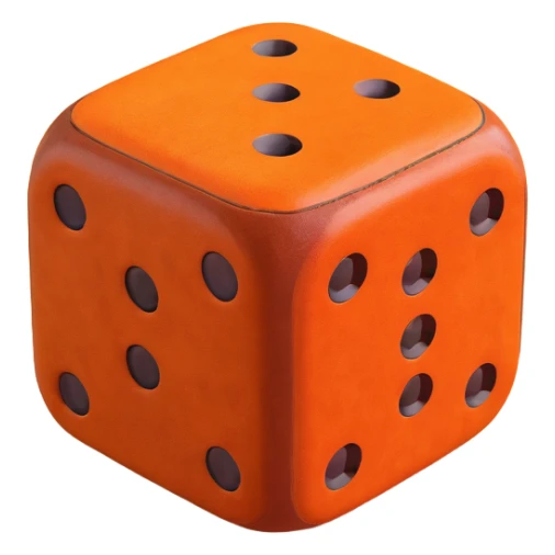 single dice, 3D, brown camel leather texture, orange velvet dots, premium style, no text sticker