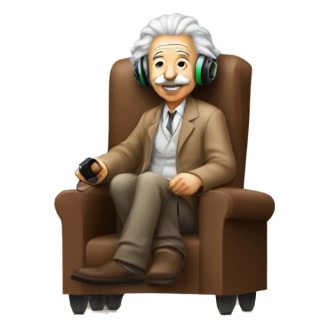 albert einstein happy listening music with just wireless headphones while sitting on the brown chair sticker