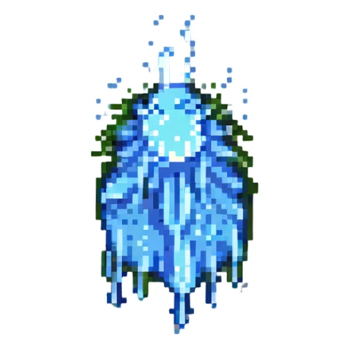 pixel art sweat drop mid-splash, with animated-looking droplets and motion lines sticker