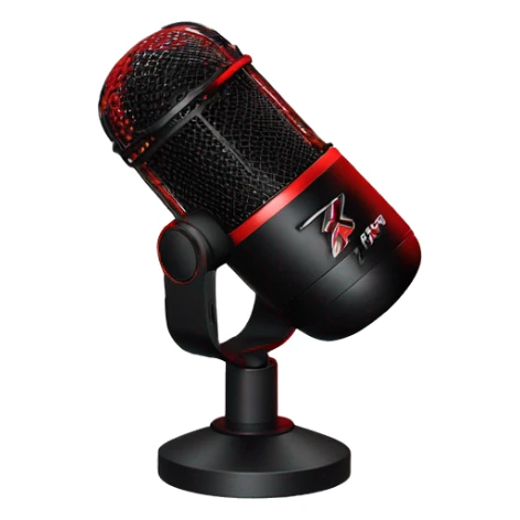 Create an emoji of the HyperX QuadCast microphone with its red LED grille, black body, and cylindrical shape, including a compact stand with a shock mount. sticker