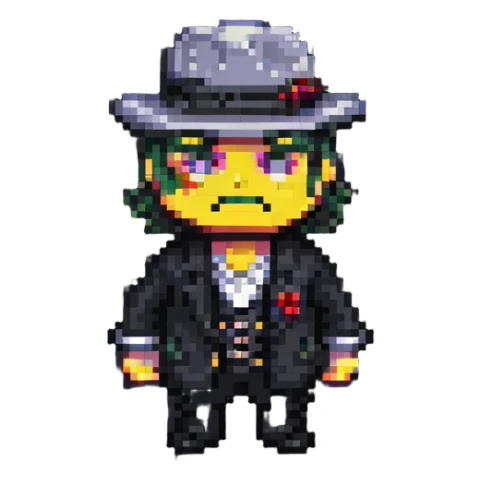 gangster character, highly cartoonish, exaggerated pixel art style sticker