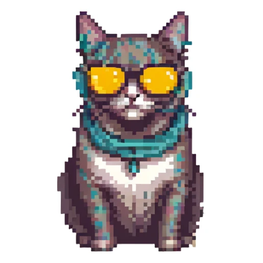 pixel art chill cat with sunglasses, retro style, warm muted colors, subtle grain, nostalgic aesthetic sticker