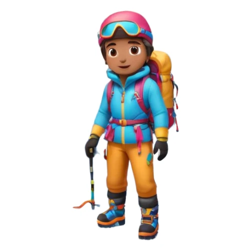 A 3D cartoon mountaineer standing on a snowy Everest-like summit with a flag, wearing colorful climbing gear, soft lighting, Memoji-style.negative : Flag sticker