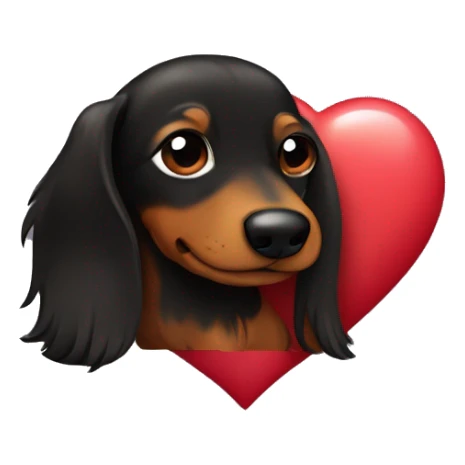 black and brown long haired daschund hugging a heart sticker